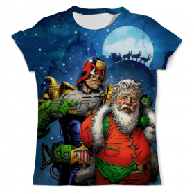 full_print_tee с принтом Judge Dredd Vs Father Xmas в Санкт-Петербурге, Футболка с нанесением полноцветного изображения по всей поверхности может быть выполнена в двух вариантах - ХЛОПОК и СИНТЕТИКА. | Хлопок - ткань из 100% хлопка высшего качества пенье.  <br>Синтетика - ткань с высоким содержанием синтетического волокна (до 80%).  Материал хорошо тянется, имеет приятную на ощупь фактуру | Тематика изображения на принте: 