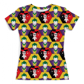 full_print_woman_tee с принтом Harley Quinn & The Joker в Санкт-Петербурге, Футболка с нанесением полноцветного изображения по всей поверхности может быть выполнена в двух вариантах - ХЛОПОК и СИНТЕТИКА. | Хлопок - ткань из 100% хлопка высшего качества пенье.  <br>Синтетика - ткань с высоким содержанием синтетического волокна (до 80%).  Материал хорошо тянется, имеет приятную на ощупь фактуру | 