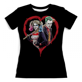 full_print_woman_tee с принтом Harley Quinn & Joker в Санкт-Петербурге, Футболка с нанесением полноцветного изображения по всей поверхности может быть выполнена в двух вариантах - ХЛОПОК и СИНТЕТИКА. | Хлопок - ткань из 100% хлопка высшего качества пенье.  <br>Синтетика - ткань с высоким содержанием синтетического волокна (до 80%).  Материал хорошо тянется, имеет приятную на ощупь фактуру | 