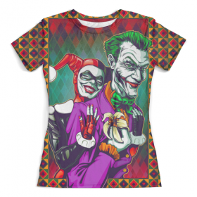 full_print_woman_tee с принтом The Joker&Harley Quinn Design (new) в Санкт-Петербурге, Футболка с нанесением полноцветного изображения по всей поверхности может быть выполнена в двух вариантах - ХЛОПОК и СИНТЕТИКА. | Хлопок - ткань из 100% хлопка высшего качества пенье.  <br>Синтетика - ткань с высоким содержанием синтетического волокна (до 80%).  Материал хорошо тянется, имеет приятную на ощупь фактуру | 