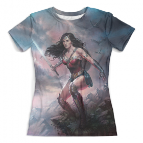 full_print_woman_tee с принтом Wonder Woman в Санкт-Петербурге, Футболка с нанесением полноцветного изображения по всей поверхности может быть выполнена в двух вариантах - ХЛОПОК и СИНТЕТИКА. | Хлопок - ткань из 100% хлопка высшего качества пенье.  <br>Синтетика - ткань с высоким содержанием синтетического волокна (до 80%).  Материал хорошо тянется, имеет приятную на ощупь фактуру | Тематика изображения на принте: 