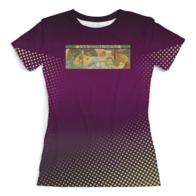 full_print_woman_tee с принтом Альфонс Муха, «Вино Инков» в Санкт-Петербурге, Футболка с нанесением полноцветного изображения по всей поверхности может быть выполнена в двух вариантах - ХЛОПОК и СИНТЕТИКА. | Хлопок - ткань из 100% хлопка высшего качества пенье.  <br>Синтетика - ткань с высоким содержанием синтетического волокна (до 80%).  Материал хорошо тянется, имеет приятную на ощупь фактуру | 