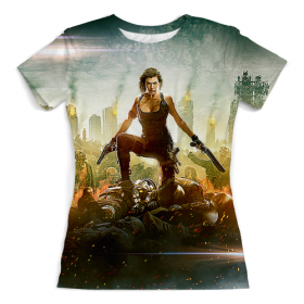 full_print_woman_tee с принтом Resident Evil в Санкт-Петербурге, Футболка с нанесением полноцветного изображения по всей поверхности может быть выполнена в двух вариантах - ХЛОПОК и СИНТЕТИКА. | Хлопок - ткань из 100% хлопка высшего качества пенье.  <br>Синтетика - ткань с высоким содержанием синтетического волокна (до 80%).  Материал хорошо тянется, имеет приятную на ощупь фактуру | 