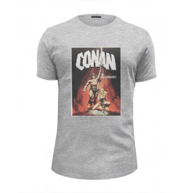 Мужская футболка Premium с принтом Conan the Barbarian в Санкт-Петербурге, Белый, черный, серый меланж, голубой: 100% хлопок, плотность 160 гр. Остальные цвета: 92% хлопок, 8% лайкра, плотность 170-180гр. |  | 