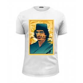 Мужская футболка Premium с принтом Муаммар Каддафи в Санкт-Петербурге, Белый, черный, серый меланж, голубой: 100% хлопок, плотность 160 гр. Остальные цвета: 92% хлопок, 8% лайкра, плотность 170-180гр. |  | 