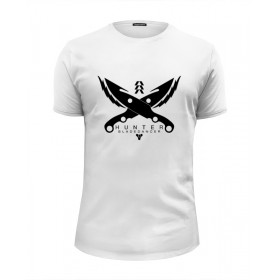 Мужская футболка Premium с принтом Hunter (Destiny) в Санкт-Петербурге, Белый, черный, серый меланж, голубой: 100% хлопок, плотность 160 гр. Остальные цвета: 92% хлопок, 8% лайкра, плотность 170-180гр. |  | 