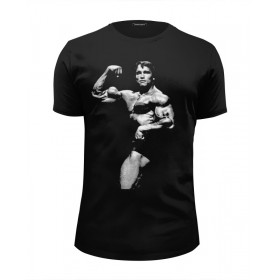 Мужская футболка Premium с принтом Schwarzenegger в Санкт-Петербурге, Белый, черный, серый меланж, голубой: 100% хлопок, плотность 160 гр. Остальные цвета: 92% хлопок, 8% лайкра, плотность 170-180гр. |  | 