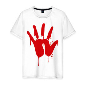 Мужская футболка хлопок с принтом Рука в Санкт-Петербурге, 100% хлопок | прямой крой, круглый вырез горловины, длина до линии бедер, слегка спущенное плечо. | кисть | кровь | ладонь | отпечаток | пальцы | рука