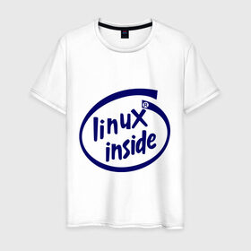 Мужская футболка хлопок с принтом Linux inside в Санкт-Петербурге, 100% хлопок | прямой крой, круглый вырез горловины, длина до линии бедер, слегка спущенное плечо. | Тематика изображения на принте: intel inside | linux | linux inside | админу | линукс | пингвины linux | пингвины люникс | прикольные