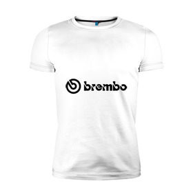 Мужская футболка премиум с принтом Brembo в Санкт-Петербурге, 92% хлопок, 8% лайкра | приталенный силуэт, круглый вырез ворота, длина до линии бедра, короткий рукав | brembo | брембо | колодки | тормоза | тормозные колодки | тюнинг
