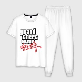 Мужская пижама хлопок с принтом GTA Vice City в Санкт-Петербурге, 100% хлопок | брюки и футболка прямого кроя, без карманов, на брюках мягкая резинка на поясе и по низу штанин
 | auto | grand | thaft | гта | игра | компьютерная