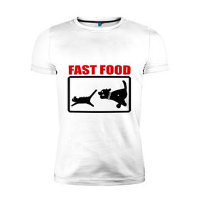 Мужская футболка премиум с принтом Fast food в Санкт-Петербурге, 92% хлопок, 8% лайкра | приталенный силуэт, круглый вырез ворота, длина до линии бедра, короткий рукав | fast food | fastfood | быстра еда | коты | кошка | песики | собака
