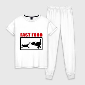 Женская пижама хлопок с принтом Fast food в Санкт-Петербурге, 100% хлопок | брюки и футболка прямого кроя, без карманов, на брюках мягкая резинка на поясе и по низу штанин | fast food | fastfood | быстра еда | коты | кошка | песики | собака