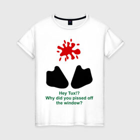 Женская футболка хлопок с принтом Hey Tux! в Санкт-Петербурге, 100% хлопок | прямой крой, круглый вырез горловины, длина до линии бедер, слегка спущенное плечо | пингвин