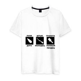 Мужская футболка хлопок с принтом Пуля Штык Граната в Санкт-Петербурге, 100% хлопок | прямой крой, круглый вырез горловины, длина до линии бедер, слегка спущенное плечо. | граната | оружие | штук молодец