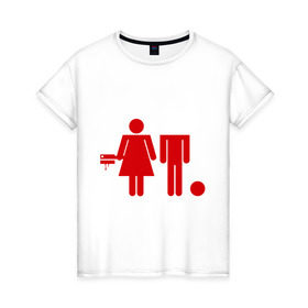 Женская футболка хлопок с принтом Девочка топор и мальчик в Санкт-Петербурге, 100% хлопок | прямой крой, круглый вырез горловины, длина до линии бедер, слегка спущенное плечо | без головы | безголовый | девочка | мальчик | топор
