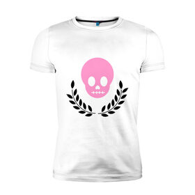 Мужская футболка премиум с принтом Память о умершем эмо в Санкт-Петербурге, 92% хлопок, 8% лайкра | приталенный силуэт, круглый вырез ворота, длина до линии бедра, короткий рукав | emo | лавры | розовый череп | субкультуры | череп | эмо | эмо череп