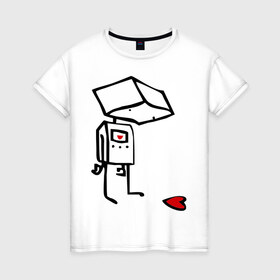 Женская футболка хлопок с принтом Робот и сердце в Санкт-Петербурге, 100% хлопок | прямой крой, круглый вырез горловины, длина до линии бедер, слегка спущенное плечо | robot | грусть | робот | чувства | эмоции