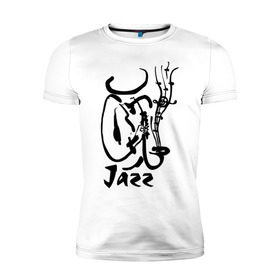 Мужская футболка премиум с принтом Jazz в Санкт-Петербурге, 92% хлопок, 8% лайкра | приталенный силуэт, круглый вырез ворота, длина до линии бедра, короткий рукав | jazz | джаз | звуки | музыка | музыкальные стили | рисунок | силуэт | человек