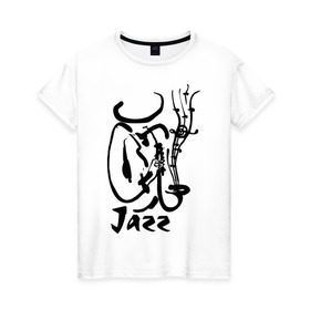 Женская футболка хлопок с принтом Jazz в Санкт-Петербурге, 100% хлопок | прямой крой, круглый вырез горловины, длина до линии бедер, слегка спущенное плечо | jazz | джаз | звуки | музыка | музыкальные стили | рисунок | силуэт | человек