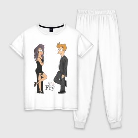 Женская пижама хлопок с принтом Mr. & Mrs. Fry в Санкт-Петербурге, 100% хлопок | брюки и футболка прямого кроя, без карманов, на брюках мягкая резинка на поясе и по низу штанин | bender | futurama | бендер | футурама