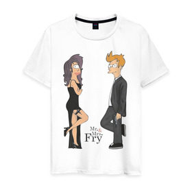 Мужская футболка хлопок с принтом Mr. & Mrs. Fry в Санкт-Петербурге, 100% хлопок | прямой крой, круглый вырез горловины, длина до линии бедер, слегка спущенное плечо. | bender | futurama | бендер | футурама