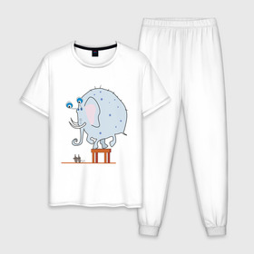 Мужская пижама хлопок с принтом Слон и мыши в Санкт-Петербурге, 100% хлопок | брюки и футболка прямого кроя, без карманов, на брюках мягкая резинка на поясе и по низу штанин
 | животные | испуганный