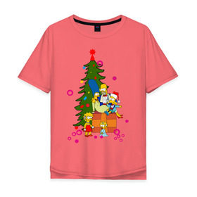 Мужская футболка хлопок Oversize с принтом Новый год у симпсонов в Санкт-Петербурге, 100% хлопок | свободный крой, круглый ворот, “спинка” длиннее передней части | 2012 | 2012 год | simpsons | год дракона | елка | елочка | новогодний | новый 2012 | новый год | подарки | симпсоны | симсоны