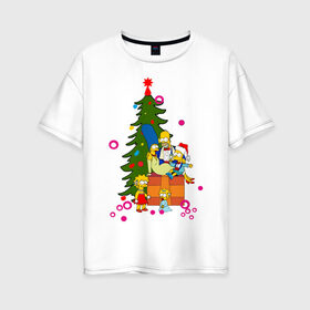 Женская футболка хлопок Oversize с принтом Новый год у симпсонов в Санкт-Петербурге, 100% хлопок | свободный крой, круглый ворот, спущенный рукав, длина до линии бедер
 | 2012 | 2012 год | simpsons | год дракона | елка | елочка | новогодний | новый 2012 | новый год | подарки | симпсоны | симсоны