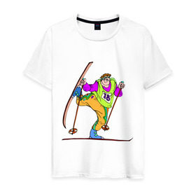 Мужская футболка хлопок с принтом Лыжник (2) в Санкт-Петербурге, 100% хлопок | прямой крой, круглый вырез горловины, длина до линии бедер, слегка спущенное плечо. | беговые лыжи | гора | горные лыжи | для зимы | зимний спорт | лыжи | лыжник | трасса