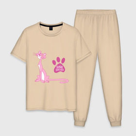 Мужская пижама хлопок с принтом Розовая Пантера в Санкт-Петербурге, 100% хлопок | брюки и футболка прямого кроя, без карманов, на брюках мягкая резинка на поясе и по низу штанин
 | Тематика изображения на принте: pink panther | розовая пантера