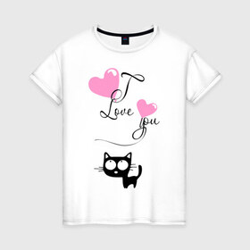 Женская футболка хлопок с принтом Любовь и кошка в Санкт-Петербурге, 100% хлопок | прямой крой, круглый вырез горловины, длина до линии бедер, слегка спущенное плечо | Тематика изображения на принте: 