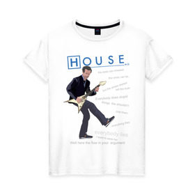 Женская футболка хлопок с принтом Доктор Хаус с гитарой в Санкт-Петербурге, 100% хлопок | прямой крой, круглый вырез горловины, длина до линии бедер, слегка спущенное плечо | everybody lies | haus | house | все лгут | доктор | хауз | хаус | хью лори