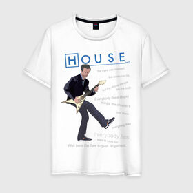 Мужская футболка хлопок с принтом Доктор Хаус с гитарой в Санкт-Петербурге, 100% хлопок | прямой крой, круглый вырез горловины, длина до линии бедер, слегка спущенное плечо. | everybody lies | haus | house | все лгут | доктор | хауз | хаус | хью лори