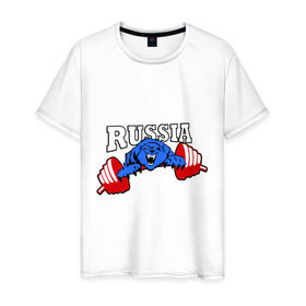 Мужская футболка хлопок с принтом RUSSIA PR в Санкт-Петербурге, 100% хлопок | прямой крой, круглый вырез горловины, длина до линии бедер, слегка спущенное плечо. | powerlifting