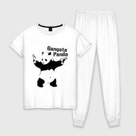 Женская пижама хлопок с принтом Gangsta Panda в Санкт-Петербурге, 100% хлопок | брюки и футболка прямого кроя, без карманов, на брюках мягкая резинка на поясе и по низу штанин | панда