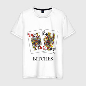 Мужская футболка хлопок с принтом Bitches в Санкт-Петербурге, 100% хлопок | прямой крой, круглый вырез горловины, длина до линии бедер, слегка спущенное плечо. | poker | азартные | дама | карточные | карты | колода | покер