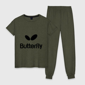 Женская пижама хлопок с принтом Butterfly в Санкт-Петербурге, 100% хлопок | брюки и футболка прямого кроя, без карманов, на брюках мягкая резинка на поясе и по низу штанин | buterfly | батерфляй | настольный теннис | ракетка | теннис | теннисный корт