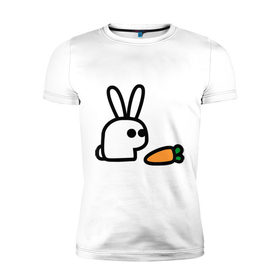 Мужская футболка премиум с принтом Заяц и моркоФка в Санкт-Петербурге, 92% хлопок, 8% лайкра | приталенный силуэт, круглый вырез ворота, длина до линии бедра, короткий рукав | Тематика изображения на принте: животные | зайка | зайчишка | зайчонок | заяц | кролик | морковка