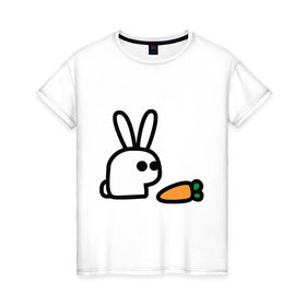 Женская футболка хлопок с принтом Заяц и моркоФка в Санкт-Петербурге, 100% хлопок | прямой крой, круглый вырез горловины, длина до линии бедер, слегка спущенное плечо | животные | зайка | зайчишка | зайчонок | заяц | кролик | морковка