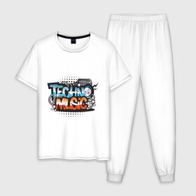 Мужская пижама хлопок с принтом techno music в Санкт-Петербурге, 100% хлопок | брюки и футболка прямого кроя, без карманов, на брюках мягкая резинка на поясе и по низу штанин
 | music | techno | музыка | надпись | техно