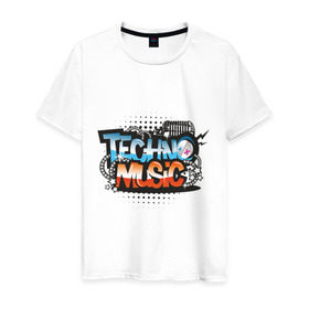 Мужская футболка хлопок с принтом techno music в Санкт-Петербурге, 100% хлопок | прямой крой, круглый вырез горловины, длина до линии бедер, слегка спущенное плечо. | Тематика изображения на принте: music | techno | музыка | надпись | техно