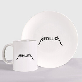 Набор: тарелка + кружка с принтом Metallica в Санкт-Петербурге, керамика | Кружка: объем — 330 мл, диаметр — 80 мм. Принт наносится на бока кружки, можно сделать два разных изображения. 
Тарелка: диаметр - 210 мм, диаметр для нанесения принта - 120 мм. | Тематика изображения на принте: металлика