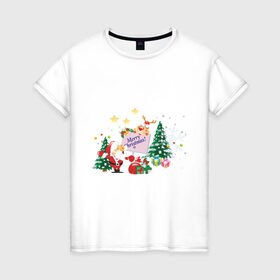 Женская футболка хлопок с принтом Merry Christmas в Санкт-Петербурге, 100% хлопок | прямой крой, круглый вырез горловины, длина до линии бедер, слегка спущенное плечо | 2012 | new year | дед мороз | елка | елочка | нг | новогодний | новый 2012 | новый год | олень | подарки | санта | санта клаус | снеговик