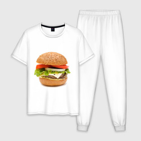 Мужская пижама хлопок с принтом Гамбургер в Санкт-Петербурге, 100% хлопок | брюки и футболка прямого кроя, без карманов, на брюках мягкая резинка на поясе и по низу штанин
 | burger | fastfood | gamburger | бургер | гамбургер | еда | пища | фаст фуд | фастфуд