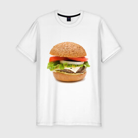 Мужская футболка премиум с принтом Гамбургер в Санкт-Петербурге, 92% хлопок, 8% лайкра | приталенный силуэт, круглый вырез ворота, длина до линии бедра, короткий рукав | Тематика изображения на принте: burger | fastfood | gamburger | бургер | гамбургер | еда | пища | фаст фуд | фастфуд