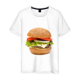 Мужская футболка хлопок с принтом Гамбургер в Санкт-Петербурге, 100% хлопок | прямой крой, круглый вырез горловины, длина до линии бедер, слегка спущенное плечо. | Тематика изображения на принте: burger | fastfood | gamburger | бургер | гамбургер | еда | пища | фаст фуд | фастфуд
