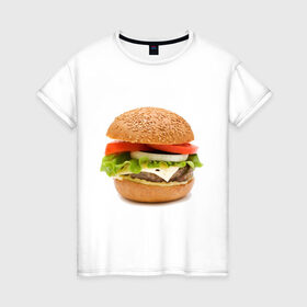 Женская футболка хлопок с принтом Гамбургер в Санкт-Петербурге, 100% хлопок | прямой крой, круглый вырез горловины, длина до линии бедер, слегка спущенное плечо | burger | fastfood | gamburger | бургер | гамбургер | еда | пища | фаст фуд | фастфуд