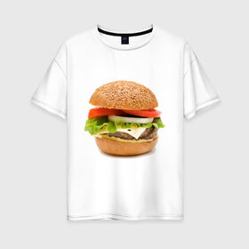 Женская футболка хлопок Oversize с принтом Гамбургер в Санкт-Петербурге, 100% хлопок | свободный крой, круглый ворот, спущенный рукав, длина до линии бедер
 | Тематика изображения на принте: burger | fastfood | gamburger | бургер | гамбургер | еда | пища | фаст фуд | фастфуд