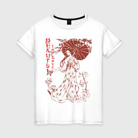 Женская футболка хлопок с принтом Beauty In Love в Санкт-Петербурге, 100% хлопок | прямой крой, круглый вырез горловины, длина до линии бедер, слегка спущенное плечо | Тематика изображения на принте: девушка | зонтик | красивая | красота | любовь | сакура | японка | японская